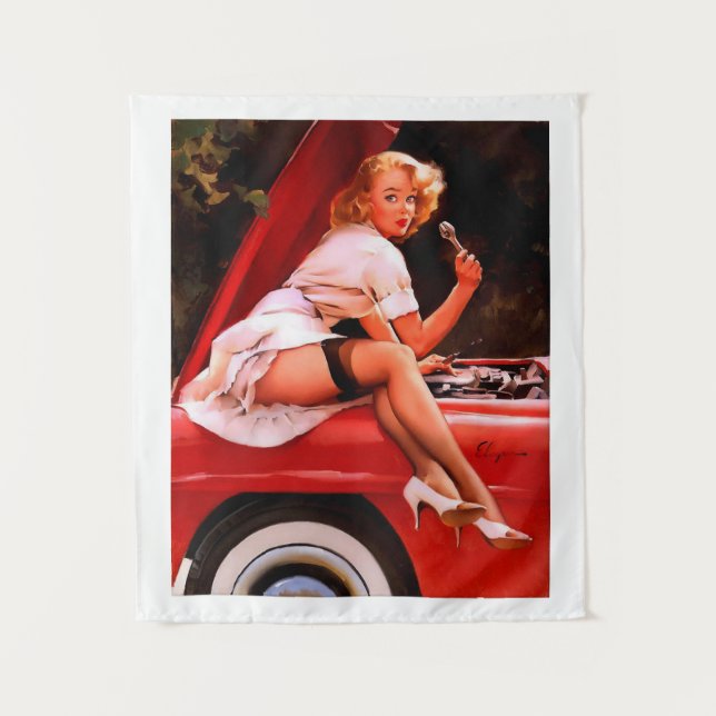Vintage Retro Car Mechanic Pinup Girl Tapestry (Front)