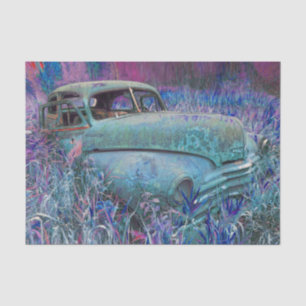 Vintage Retro Car Teal Blue Rustic Old Art Tissue Paper