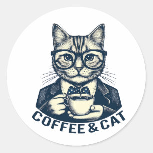 Vintage retro cat coffee (2) classic round sticker