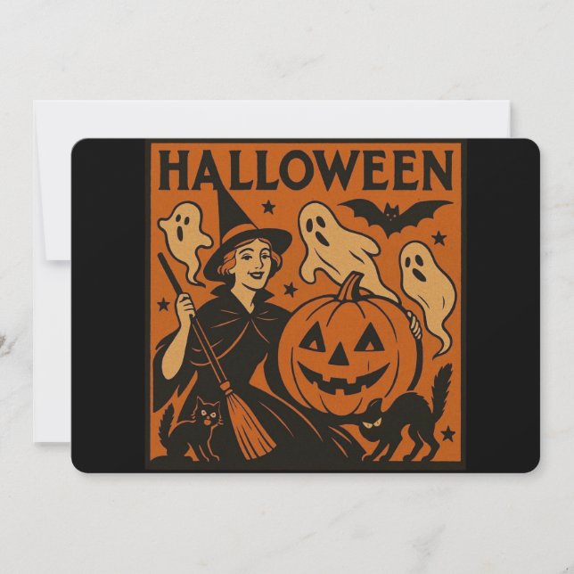 Vintage/retro cat, ghost, pumpkin & witch invitation (Front)