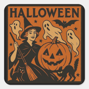 Vintage/retro cat, ghost, pumpkin & witch square sticker