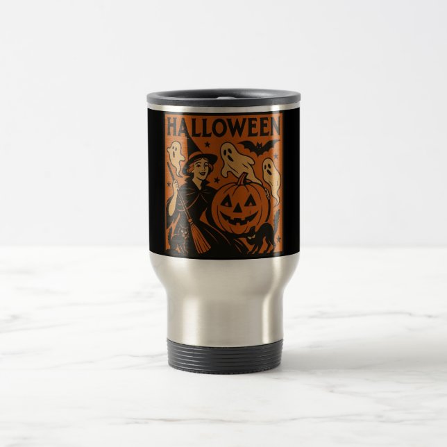 Vintage/retro cat, ghost, pumpkin & witch travel mug (Center)