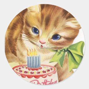 Vintage Retro Cat Kitten Birthday Cake Greeting Classic Round Sticker