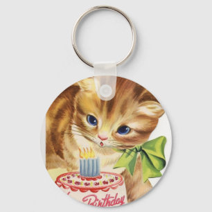 Vintage Retro Cat Kitten Birthday Cake Greeting Key Ring