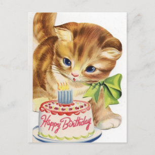 Vintage Retro Cat Kitten Birthday Cake Greeting Postcard