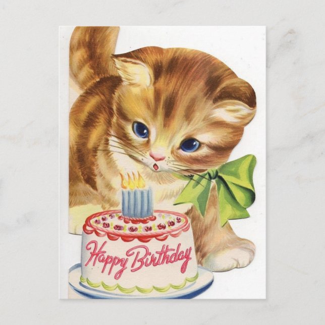 Vintage Retro Cat Kitten Birthday Cake Greeting Postcard (Front)