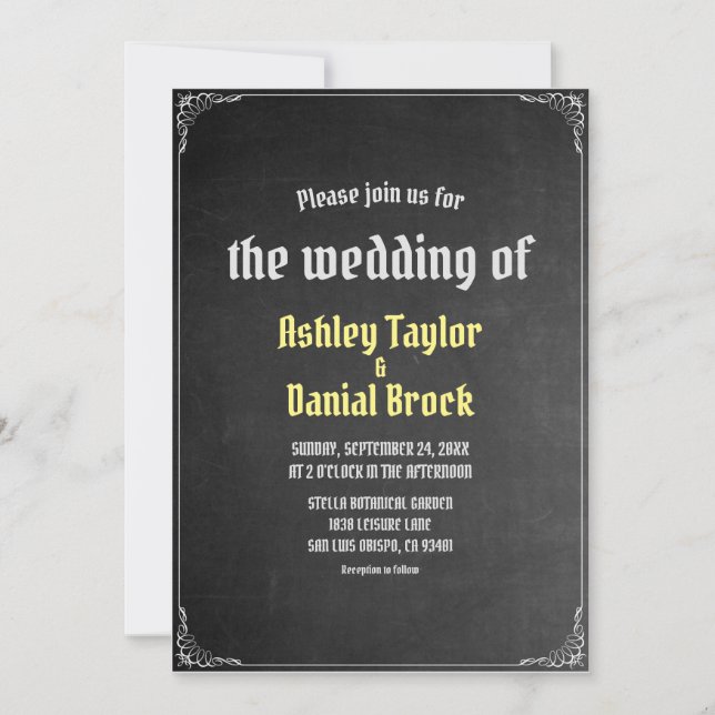 Vintage Retro Chalkboard Script Flourish Wedding Invitation (Front)