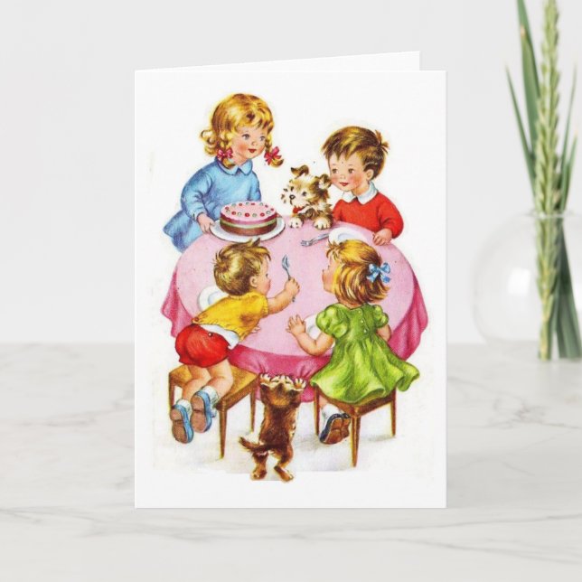 Vintage Retro Children's Birthday Party Dog Kitten Card (Front)