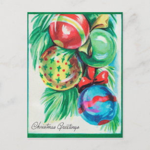 Vintage retro Christmas bulbs Holiday postcard