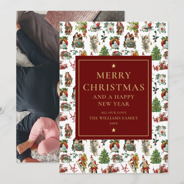 Vintage Retro Christmas Burgundy Gold Photo Holiday Card (Front/Back)