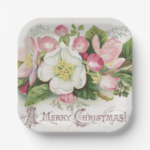 Vintage Retro Christmas Card, Apple Blossoms Paper Plate