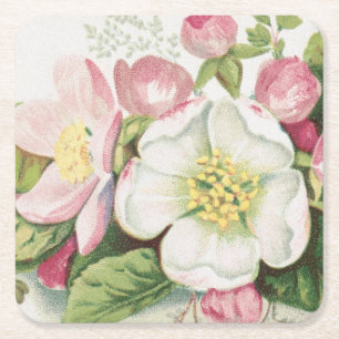 Vintage Retro Christmas Card, Apple Blossoms Square Paper Coaster