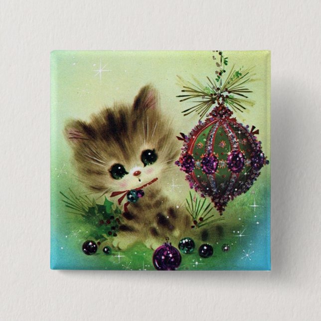 Vintage retro Christmas cat Holiday button (Front)