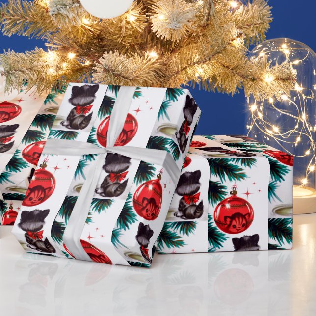Vintage retro Christmas cat party wrap Wrapping Paper (Holidays)