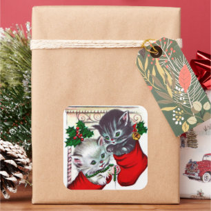 Vintage retro Christmas cats Holiday sticker