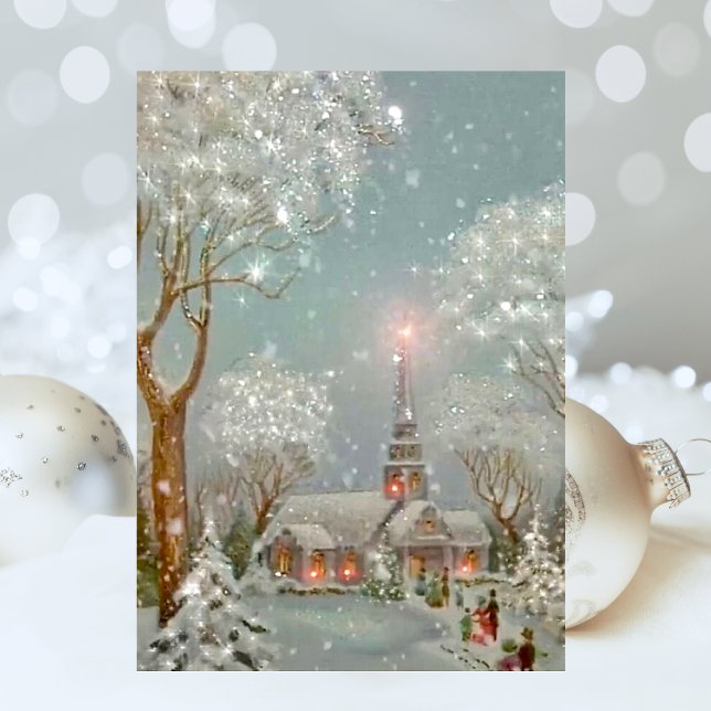 Vintage Retro Christmas Church Glitter Winter Holiday Card (Creator Uploaded)