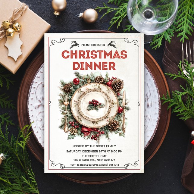 Vintage Retro Christmas Dinner Plate Invitation (Creator Uploaded)