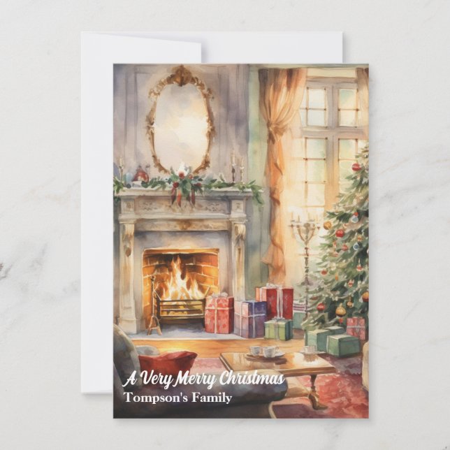Vintage Retro Christmas Fireplace Holiday Card (Front)