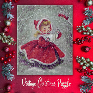 Vintage Retro Christmas Girl Caroling in Snow Jigsaw Puzzle