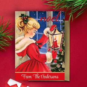 Vintage Retro Christmas Girl in Pony Tail Custom Holiday Card