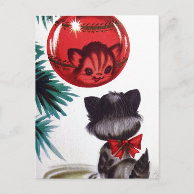 Vintage retro Christmas Holiday cat postcard (Front)