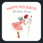 Vintage Retro Christmas Lady Red White Square Sticker<br><div class="desc">Vintage Retro Christmas Woman in dress at the Mailbox Holiday Sticker. Easily personalise this with your own family name. This sticker would be cute for adding to your holiday card envelopes for sealing and sending out to friends and family for the holiday season. Also perfect for crafts, collectables, gift packaging...</div>