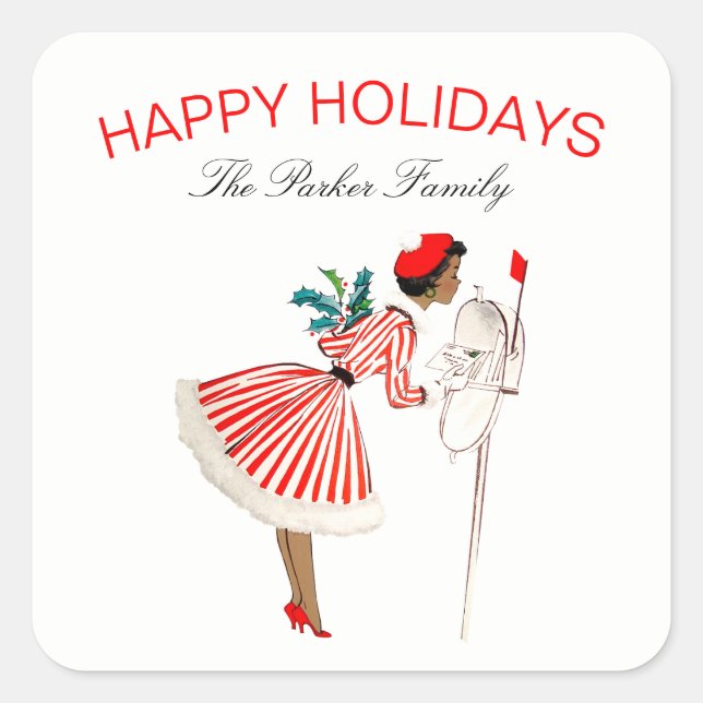 Vintage Retro Christmas Lady Red White Square Sticker (Front)