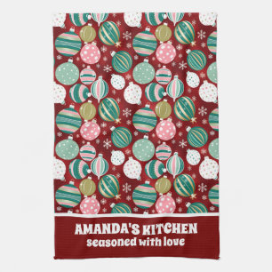 vintage Retro Christmas Ornaments and Snowflakes Tea Towel