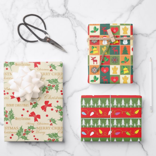 Vintage Retro Christmas Pattern Wrapping Paper Sheet (Front)