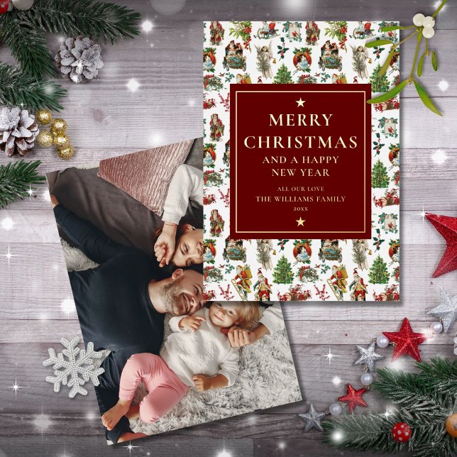 Vintage Retro Christmas Photo Burgundy Gold (Creator Uploaded)