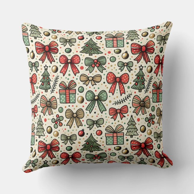 Vintage Retro Christmas Polka Dots Bows Pattern Cushion (Back)
