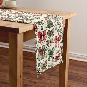 Vintage Retro Christmas Polka Dots Bows Pattern Short Table Runner