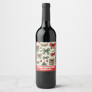Vintage Retro Christmas Polka Dots Bows Pattern Wine Label