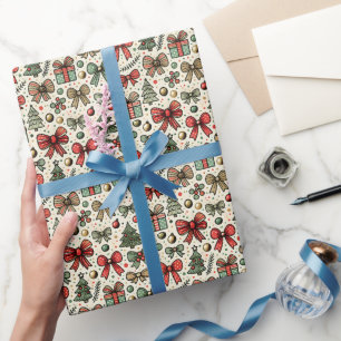 Vintage Retro Christmas Polka Dots Bows Pattern Wrapping Paper