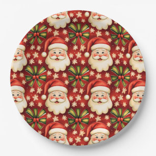 Vintage Retro Christmas Santa Claus and Bows Paper Plate