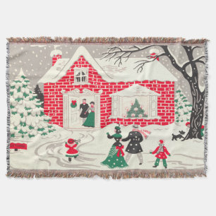 Vintage Retro Christmas Scene Little Red House Throw Blanket