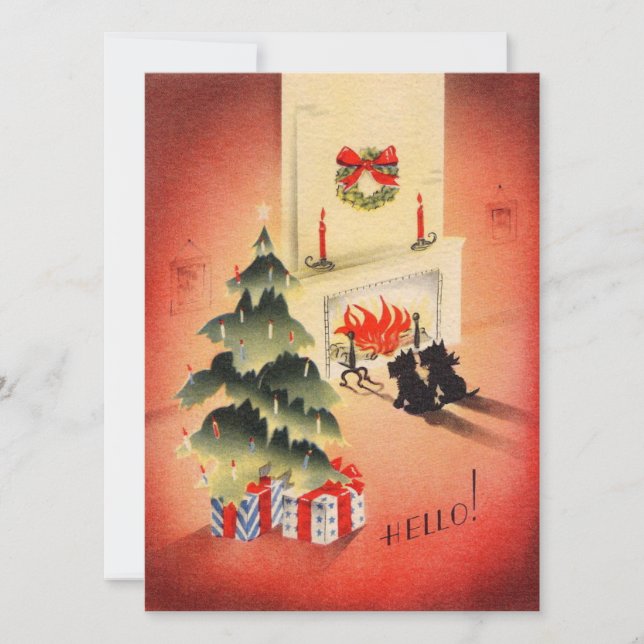 Vintage Retro Christmas Scotty Dogs Waiting Holiday Card (Front)