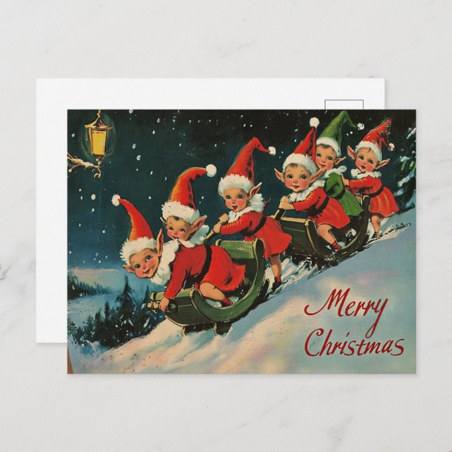 Vintage Retro Christmas: Sledding Elves Holiday Postcard (Front/Back)