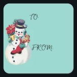 VINTAGE RETRO CHRISTMAS SNOWMAN  SQUARE STICKER<br><div class="desc">BABY BLUE VINTAGE CHRISTMAS SNOWMAN.</div>