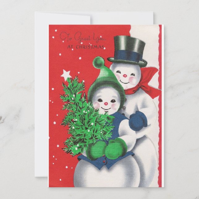 Vintage Retro Christmas Snowman Winter Scene Holiday Card (Front)