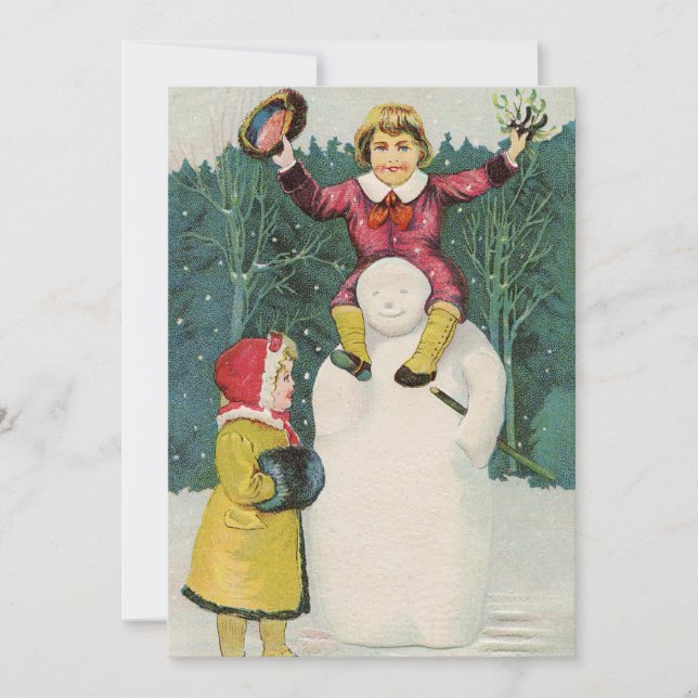 Vintage Retro Christmas Snowman Winter Scene Holiday Card (Front)