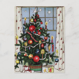 Vintage Retro Christmas Tree With Ornaments Postcard