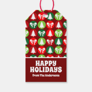 vintage Retro Christmas Trees and Bows Pattern Gift Tags