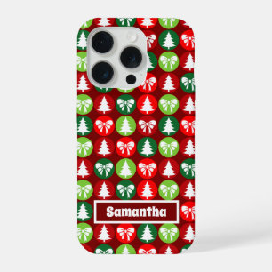 vintage Retro Christmas Trees and Bows Pattern iPhone 15 Pro Case