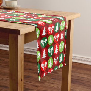 vintage Retro Christmas Trees and Bows Pattern Short Table Runner