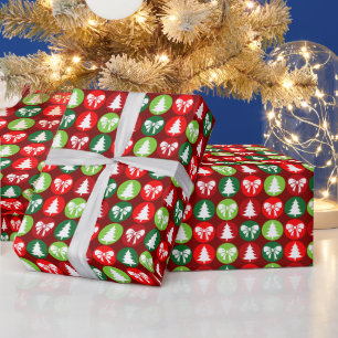 vintage Retro Christmas Trees and Bows Pattern Wrapping Paper