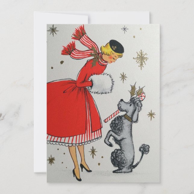 Vintage Retro Christmas Woman with Poodle Holiday Card (Front)