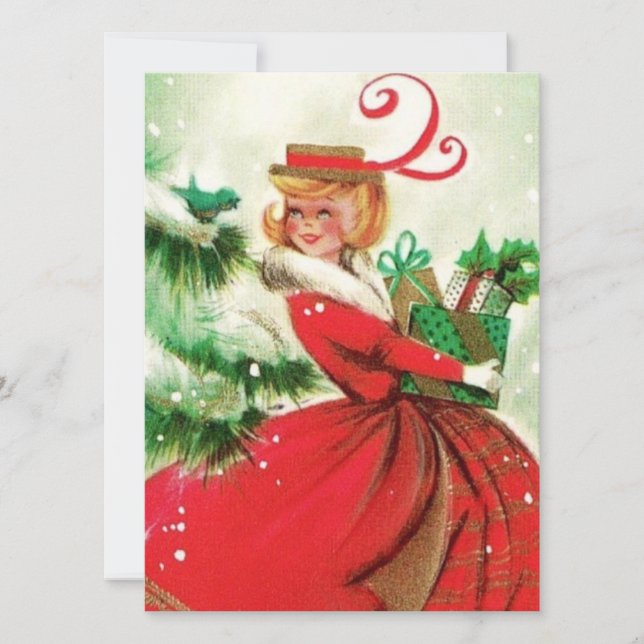 Vintage Retro Christmas Woman with Presents Holiday Card (Front)