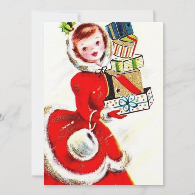 Vintage Retro Christmas Woman with Presents Holiday Card (Front)