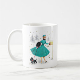 Vintage Retro Christmas Woman with Scotty Dog Coffee Mug